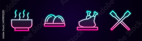Set line Ramen soup bowl, Sushi, Roasted turkey or chicken and Food chopsticks. Glowing neon icon. Vector