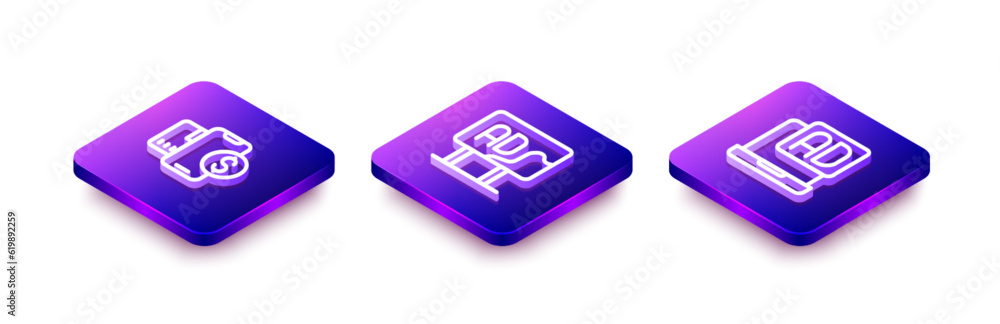 Set Isometric line Mobile with dollar, Advertising and icon. Vector Set Isometric line Mobile with dollar, Advertising and icon. Vector