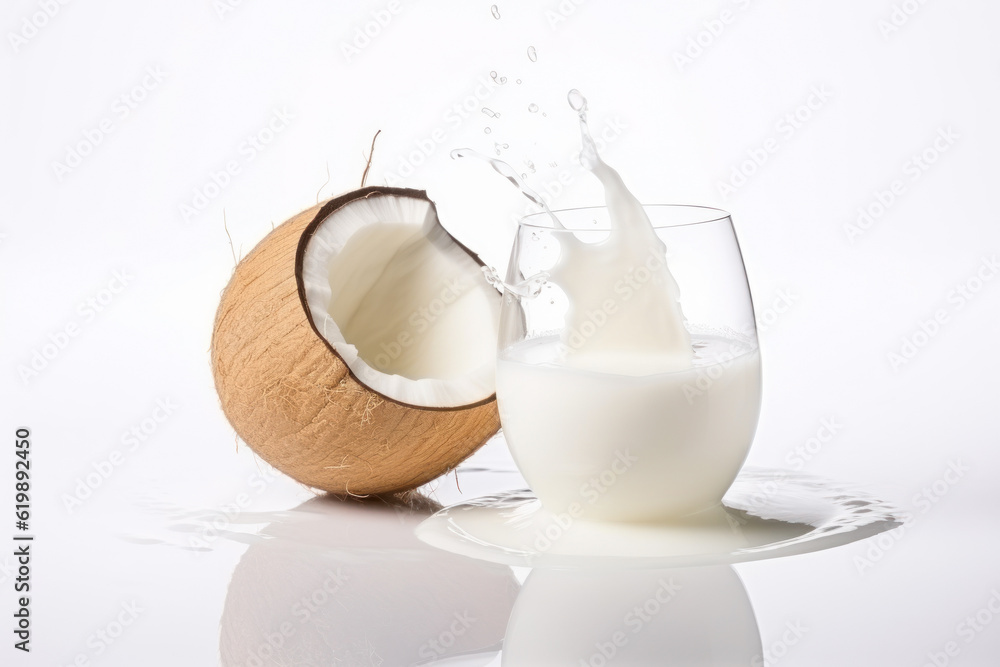 Ripe coconut and coconut milk in a glass on a white background. Photorealistic illustration of Generative AI. Ripe coconut and coconut milk in a glass on a white background. Photorealistic illustration of Generative AI.