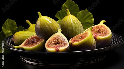 Fresh figs on black plate and black background Generative AI