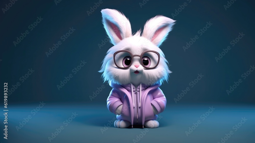 Naklejka premium Fluffy bunny dons a cozy sweater and a pair of tiny glasses, giving it an intellectual and endearing appearance that melts hearts. Generative AI