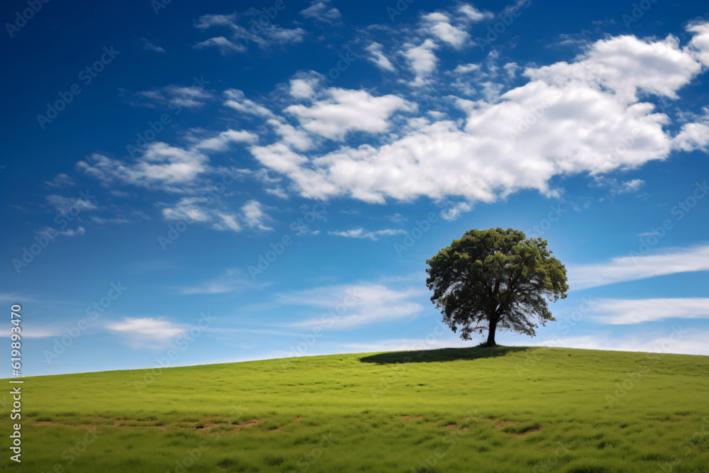 Obraz premium Green field tree and blue skygreat as a background photography