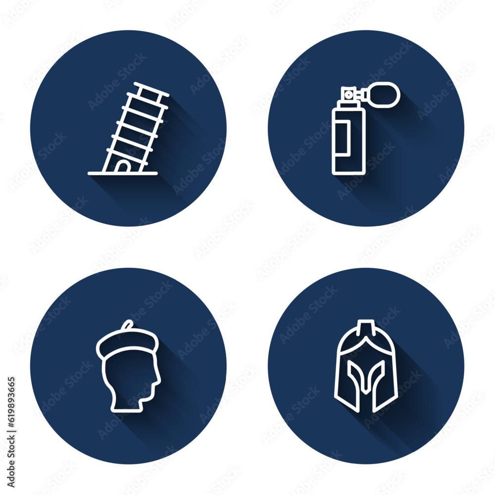 Set line Leaning tower in Pisa, Perfume, French man and Roman army helmet with long shadow. Blue circle button. Vector Set line Leaning tower in Pisa, Perfume, French man and Roman army helmet with long shadow. Blue circle button. Vector