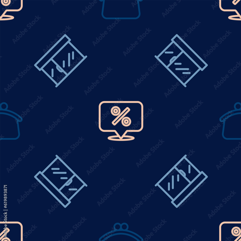 Set line Wallet, Market store and Discount percent tag on seamless pattern. Vector Set line Wallet, Market store and Discount percent tag on seamless pattern. Vector