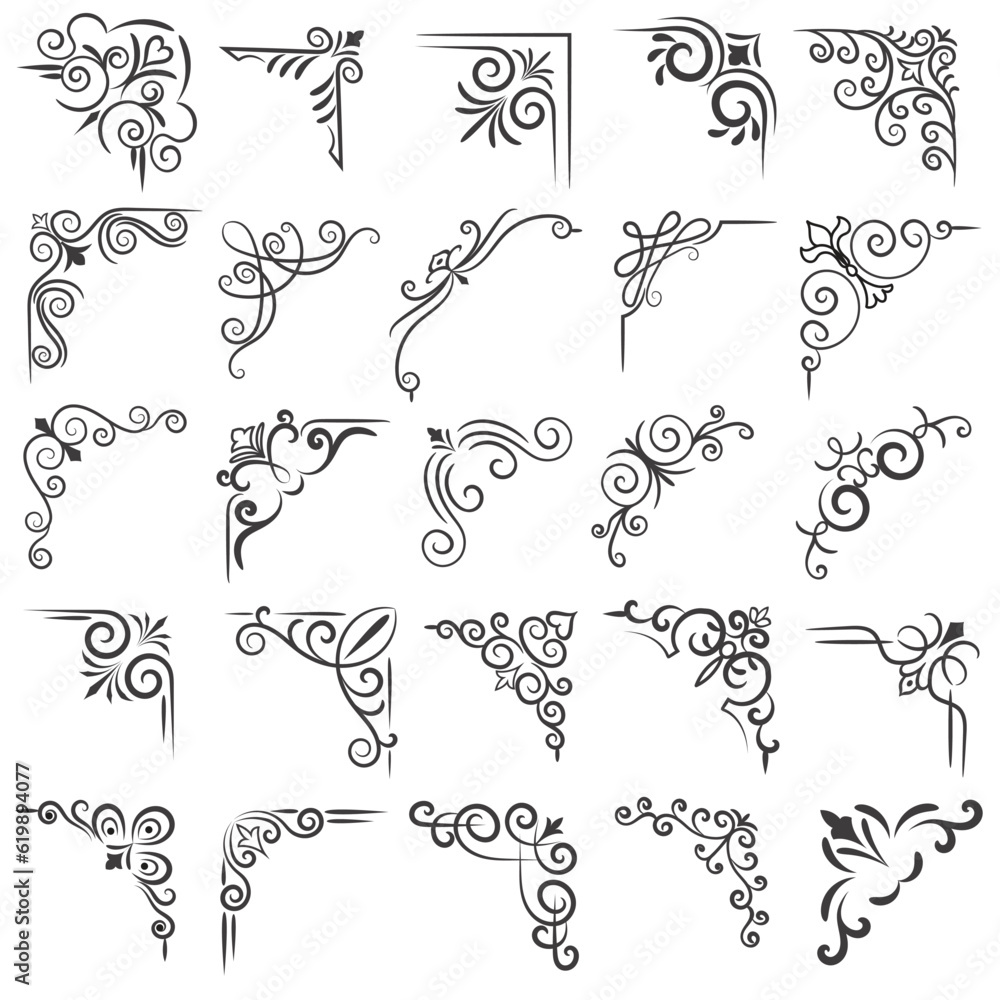 Vector illustration of decorative corner frame set. Set Hand Draw of Corners Different Shapes Flower Decoration Vector Design Doodle Sketch Style For Wedding And Banner
