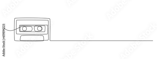 One continuous line drawing of audio cassette tape. Minimalist concept of retro and nostalgic music and mixtape for web banner in simple linear style. Editable stroke. Doodle Vector illustration