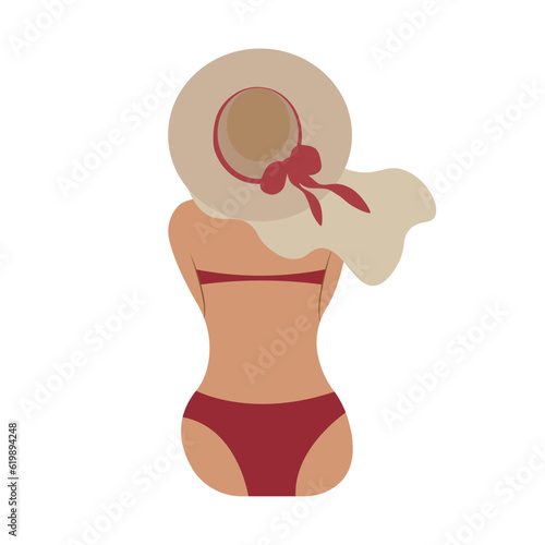 Woman sitting with her back to the viewer Vector illustration in flat style. Beautiful girl in a swimsuit and a hat