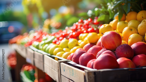 fresh fruits on crates on shop market © mimadeo