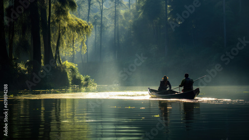 people in canoe on river in the jungle