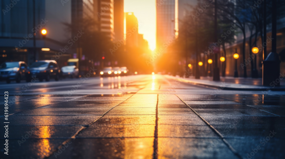 urban background of wet city street or road at sunset