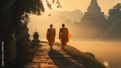 monks walking near temple. Buddhism and spirituality
