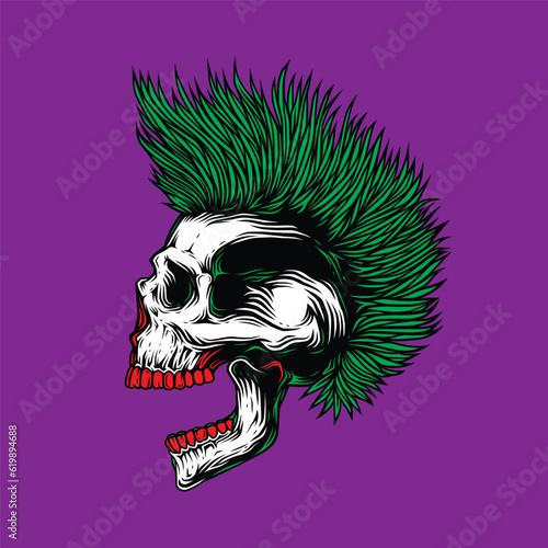Original vector illustration. A skull with an open mouth and a punk rock hairstyle. T-shirt design, stickers, print.