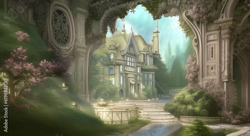 Beautiful castle in the deep forest. Illustration AI generated