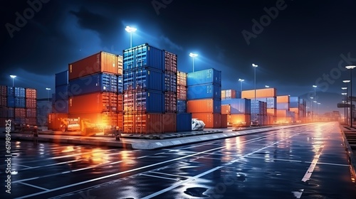 Industrial container yard for logistic import export business at night orange lamp Generative AI