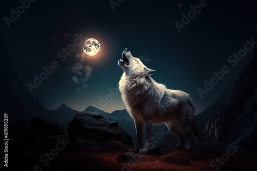 Lunar Serenade Majestic White Wolf Howling at the Moon. created with Generative AI