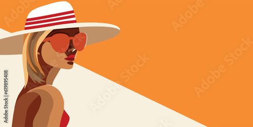 Vector banner tourism travel advertising flat style fashion girl on vacation in hat and glasses on orange background place for text