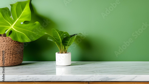 Minimal  modern cream stone counter table  tropical monstera plant tree in sunlight on green wall background for luxury fresh organic cosmetic  skin care  beauty treatment product - AI Generative