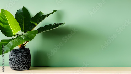 Minimal, modern cream stone counter table, tropical monstera plant tree in sunlight on green wall background for luxury fresh organic cosmetic, skin care, beauty treatment product - AI Generative	