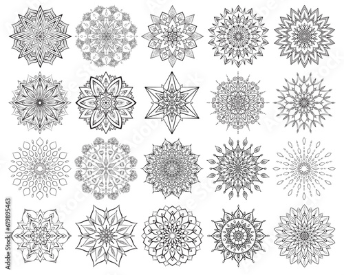 Flower mandalas set. Intricate and simple mandalas coloring pages