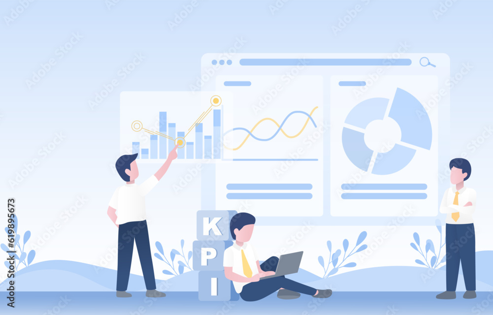 The concept of key performance indicators (KPI). Review of business ideas, marketing plans, evaluations, financial strategy, infographic information. Business growth achieve strategy objectives.