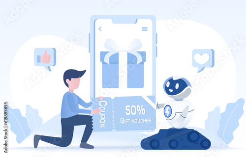 Loyalty program and bonus idea. AI robot sending a digital gift voucher to a customer. Present rewards, promotions, discount, and advertisements. On digital platform or mobile application. 