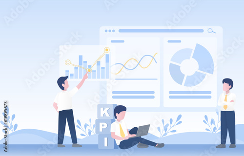 The concept of key performance indicators (KPI). Review of business ideas, marketing plans, evaluations, financial strategy, infographic information. Business growth achieve strategy objectives.