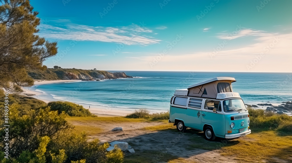 Wohnmobil ein, das in der Nähe des Strandes geparkt, Generative AI