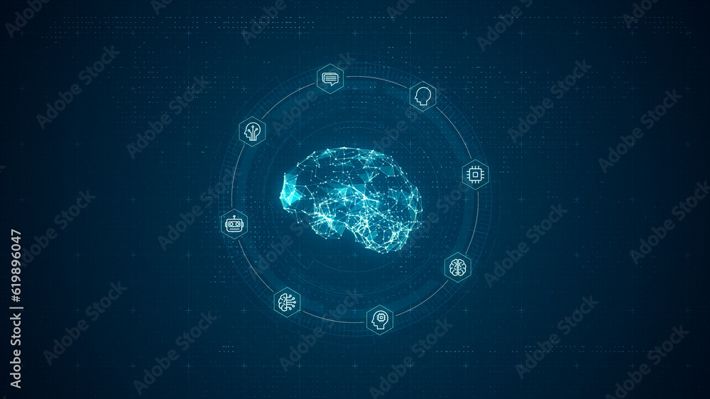 Blue digital brain logo and circle futuristic HUD with Ai chatbot and ...
