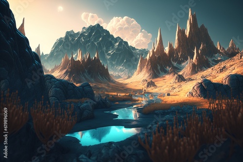 Perspective Natural Landscape with Glowing Mountains, Generative AI