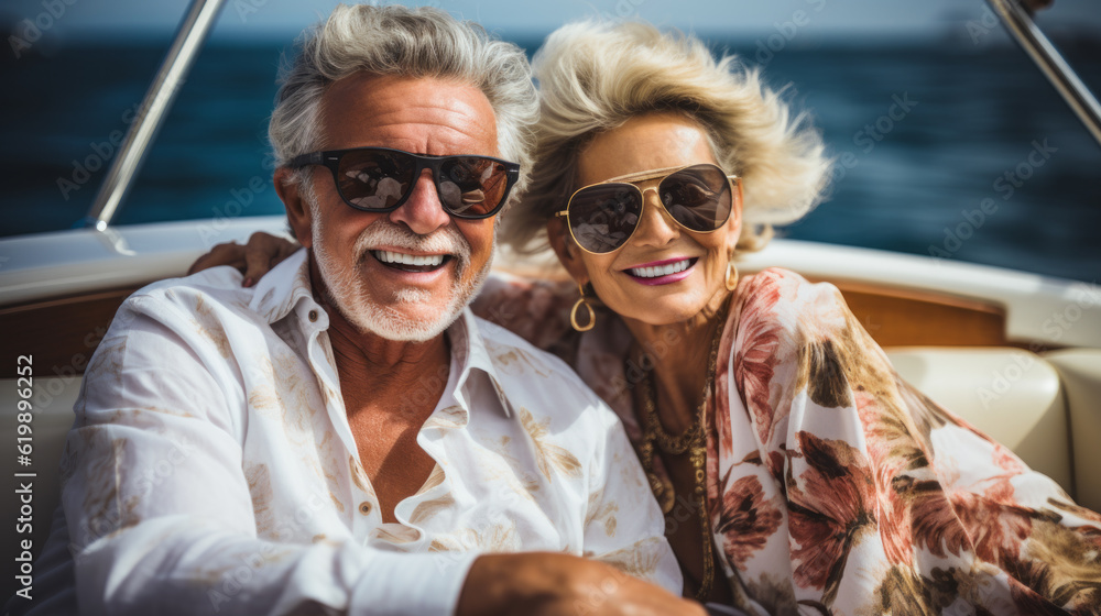 Senior couple living life to the fullest as they spend blissful moments on a luxurious yacht. With the glistening sea and clear blue sky as their backdrop, they revel in the joys of their golden years