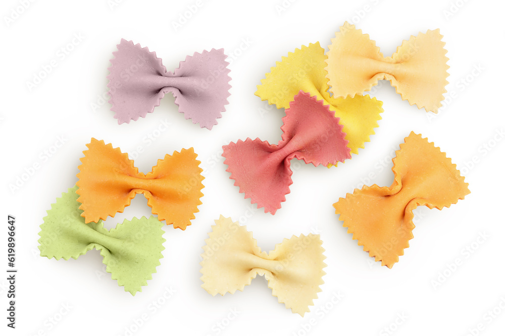 colorful farfalle pasta isolated on white background with full depth of field. Top view. Flat lay. colorful farfalle pasta isolated on white background with full depth of field. Top view. Flat lay.