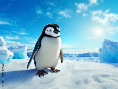 Cute penguin against the snowy blue ocean