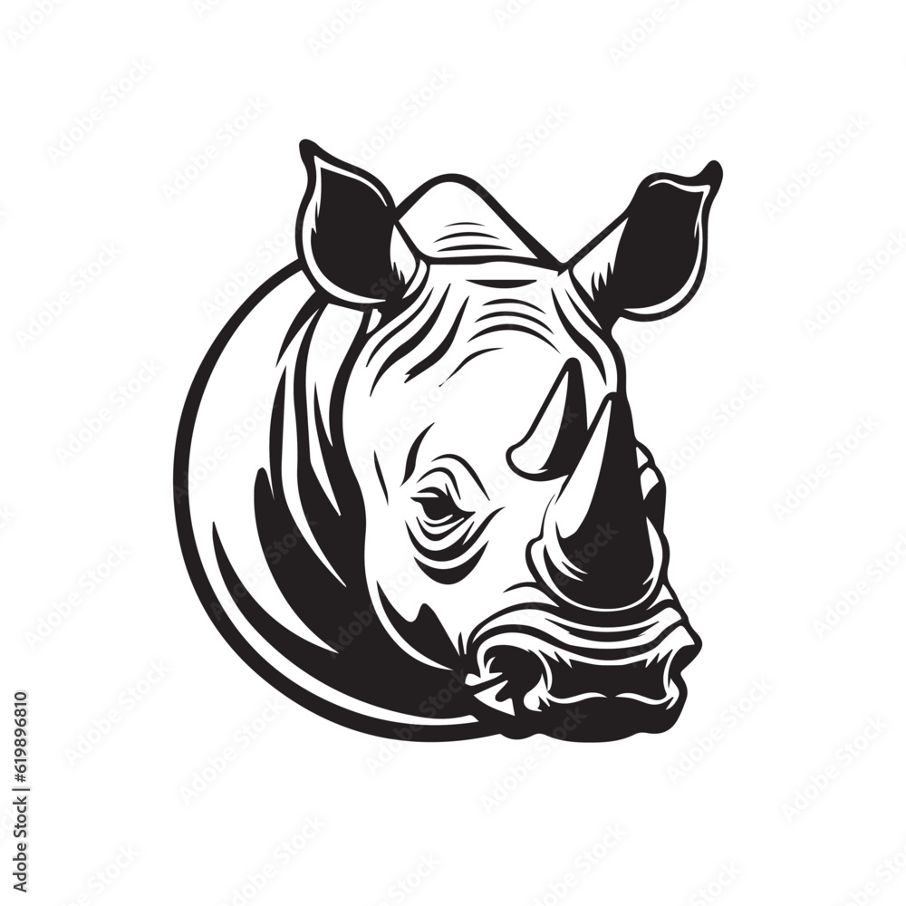 African savannah standing rhinoceros isolated in cartoon style. Educational zoology illustration, coloring book picture. Logo, icon style. Black and white