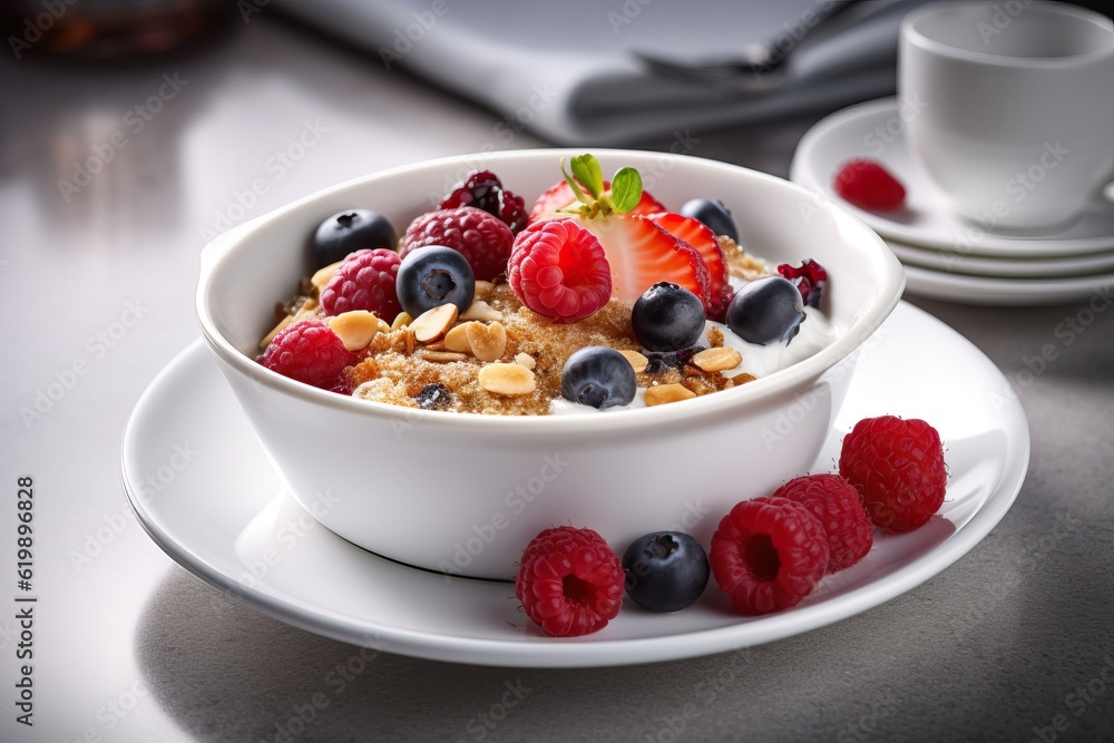Fit and healthy baked oats with nuts and fruits. Generative AI Fit and healthy baked oats with nuts and fruits. Generative AI