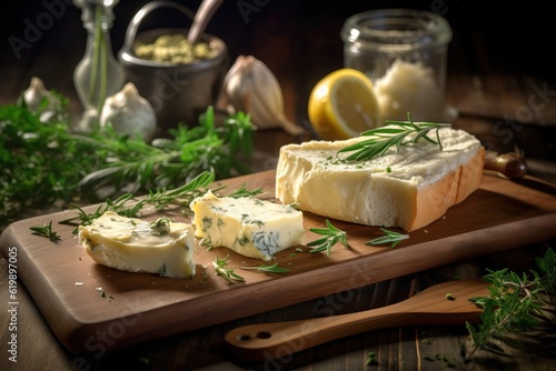 Homemade Trendy Butter Board with Herbs and Bread. Generative AI