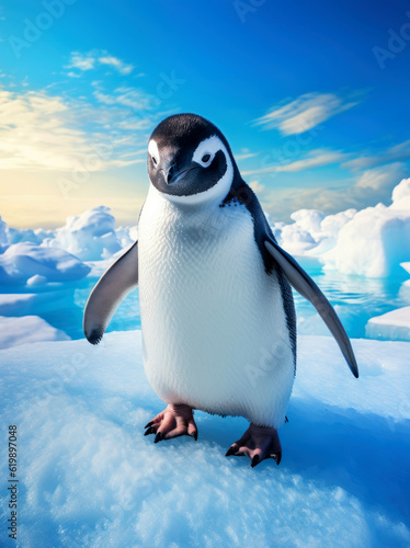 Cute penguin against the snowy blue ocean