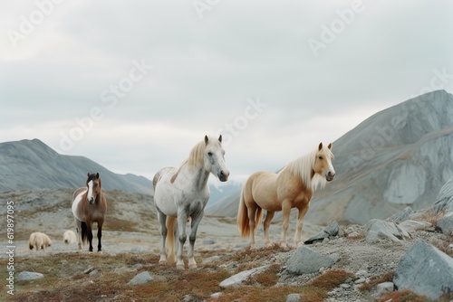 Portrait of horses standing against by mountain against sky. Generative AI