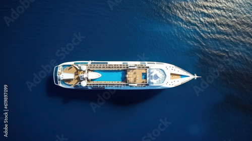 The cruise liner is shipping in the ocean. Top view. Photorealistic illustration of Generative AI.