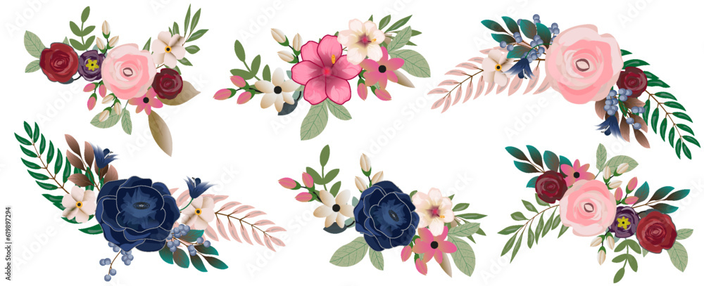 Set of floral frame wreaths of watercolor flowers and peach roses and ...