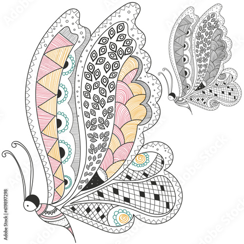 Hand drawn Butterfly with detailed decorative Mandala elements.Coloring with high details isolated on white background, vector illustration. Motifs. Madhubani style photo