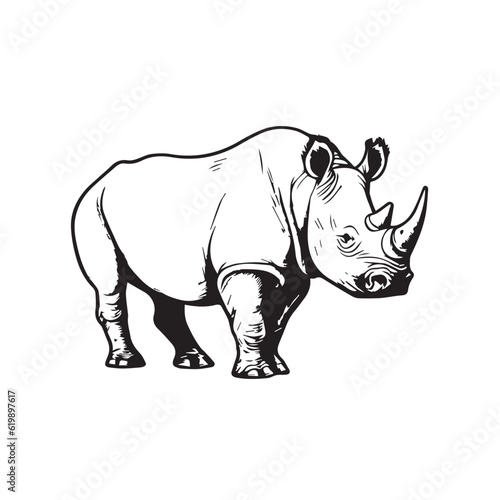 African savannah standing rhinoceros isolated in cartoon style. Educational zoology illustration  coloring book picture. Logo  icon style. Black and white