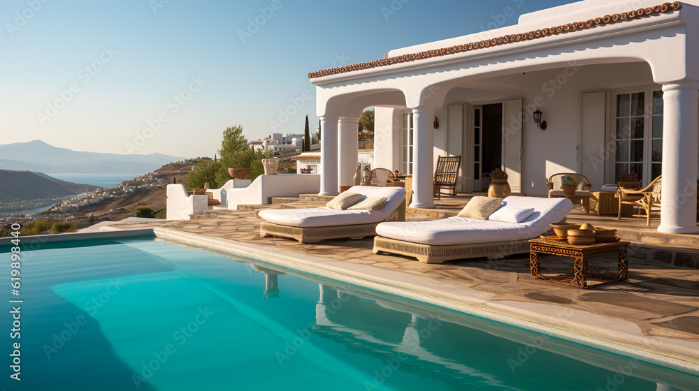 Mediterranean Dream: White Villa with Pool on Hill, Breathtaking Views, Generative AI