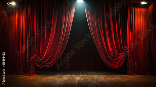 Stage for Product Placement: Stage with Wood Floor, Red Curtains, and Spotlight, Generative AI
