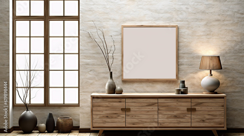 Cozy Rustic Touch: Bright Wall, Large window and Wooden Cabinet with Blank Frame, Generative AI