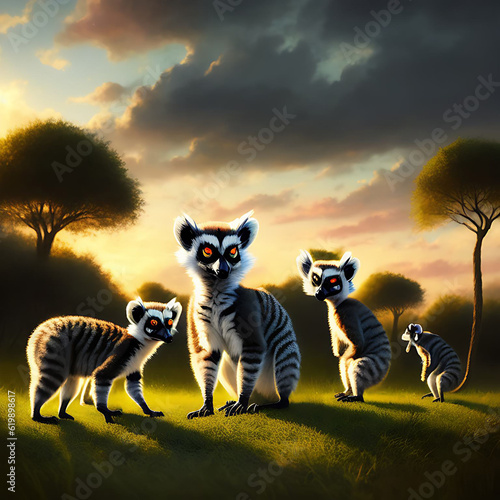 Wild ring tailed lemurs sit on grasses together, Generative AI illustration. © Ali Burçin Titizel