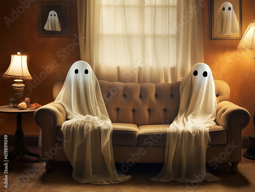 Ghosts in the living room illustrated with generative ai photo