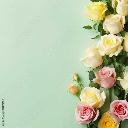 Flowers composition. Frame made of roses on green background. Flat lay, top view, copy space