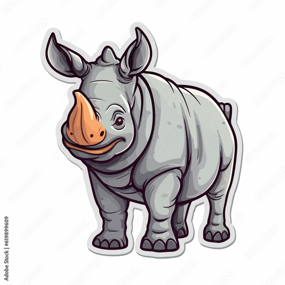 African savannah standing rhinoceros isolated in cartoon style. Educational zoology illustration, coloring book picture. Logo, icon style