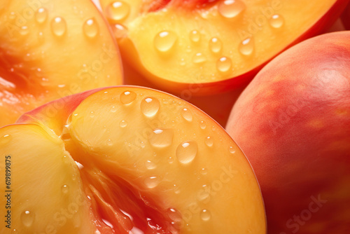 closeup of fresh juicy peaches pulp with water drops. 
