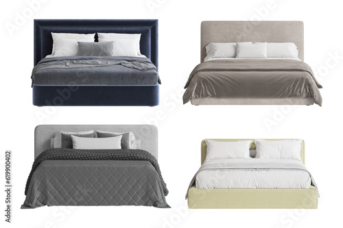 Set of four different beds. Front view. Dark blue velvet bed with gray bedspread, beige bed with a high headboard, gray bed with dark knitted plaid, soft bed with a light green textile cover.3d render